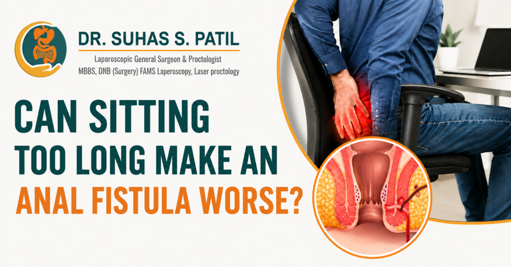 Blog banner about whether prolonged sitting can worsen an anal fistula, featuring a person with sitting discomfort and an anatomical illustration.